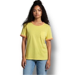 Joseph A XL Linen Blend Crochet Trim Tee Yellow Orange Boho Pocket Top Relaxed